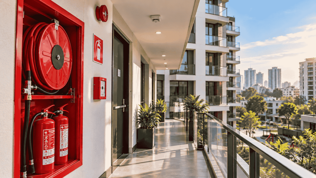 Modern Apartment Corridor with Fire Safety Gear (1)